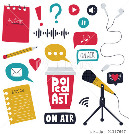 A set of elements symbolizing listening to a podcast, radio show, online show. Microphone, coffee cup, earphones, pencil, note paper. Color flat vector illustrations isolated on a white background 91317647