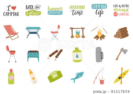 A set of decorative elements and lettering on the theme of summer, vacation, tourism, hiking, camping, picnic. Hand drawn flat icons. Color cartoon vector illustration isolated on a white background 91317659