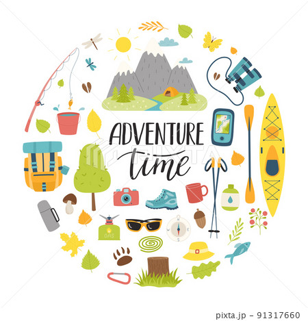A set of tourist equipment for camping, traveling, picnic, fishing. Lettering adventure time. Round composition as a print on clothes, postcards, web. Flat vector illustrations isolated on white. 91317660