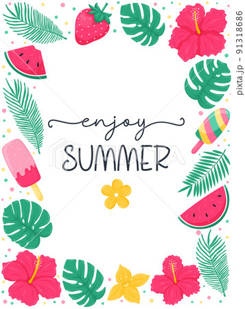 Rectangular summer card framed with bright hibiscus flowers, strawberries and tropical palm and monstera leaves. And the words - Enjoy the summer. Vector illustration in a flat cartoon style on white 91318686