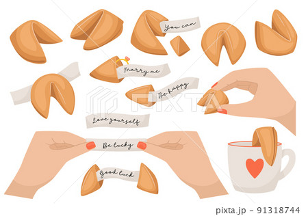 Set of Fortune Cookies with Lucky Forecasting on Paper Pieces. Surprised Message inside of Bake. Chinese Traditional Food, Prediction for Future, Lottery, Destiny Forecast. Cartoon Vector Illustration Set of Fortune Cookies with Lucky Forecasting on Paper Pieces. Surprised Message inside of Bake. Chinese Traditional Food, Prediction for Future, Lottery, Destiny Forecast. Cartoon Vector Illustration 91318744