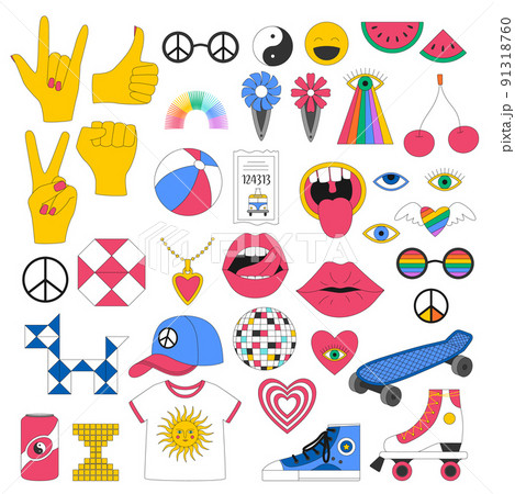 A set of retro symbols of the 90s. Gestures, peace symbol, skateboard, trolleybus ticket, sneakers and roller skates. Nostalgia for the 90s. Bright colored vector illustrations isolated on white. A set of retro symbols of the 90s. Gestures, peace symbol, skateboard, trolleybus ticket, sneakers and roller skates. Nostalgia for the 90s. Bright colored vector illustrations isolated on white. 91318760