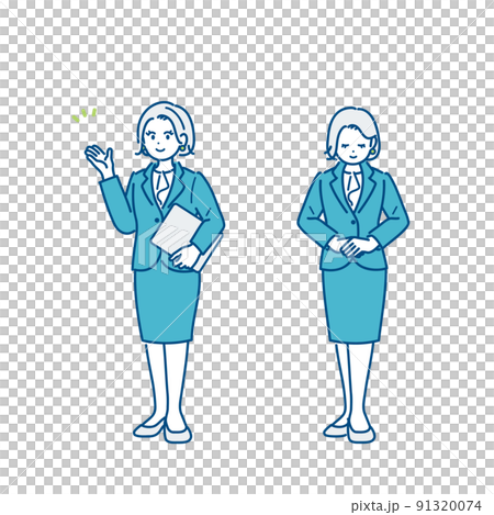 案内、お辞儀をするビジネスウーマンのイラストセット 91320074
