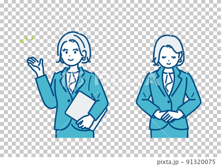案内、お辞儀をするビジネスウーマンのイラストセット 91320075