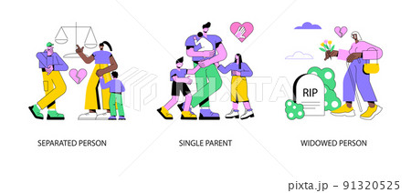 Marital status abstract concept vector illustration set. Separated person, single parent, widowed person, child custody, legal separation, husband and wife, broken heart abstract metaphor. 91320525
