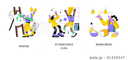 Stay home ideas abstract concept vector illustration set. Painting and art therapy, at-home dance class, baking bread, online sketching lesson, quarantine cooking, stress relief abstract metaphor. Stay home ideas abstract concept vector illustration set. Painting and art therapy, at-home dance class, baking bread, online sketching lesson, quarantine cooking, stress relief abstract metaphor. 91320547