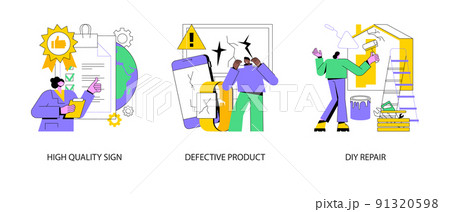 Product quality abstract concept vector illustration set. High quality sign, defective product, DIY repair, ISO certification, broken equipment, repair manual, video tutorial abstract metaphor. 91320598