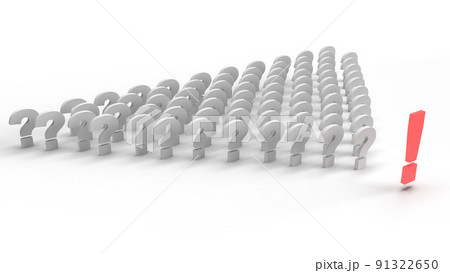 3d render of a row of question marks with a red exclamation mark on a white background.  91322650