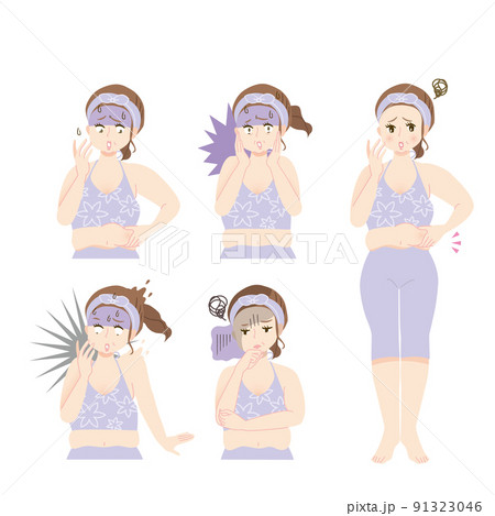 太ってショックを受ける女性のイラストセット素材 91323046