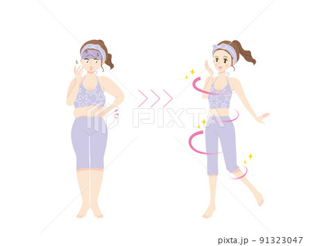 ダイエットに成功した女性のビフォーアフターのイラスト素材 91323047