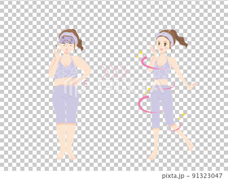 ダイエットに成功した女性のビフォーアフターのイラスト素材 91323047