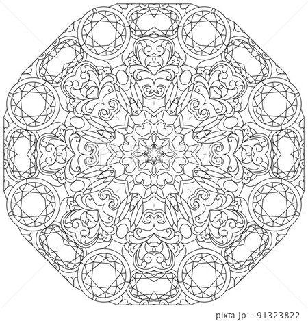 Hand drawn zentangle circular ornament for coloring page. 91323822