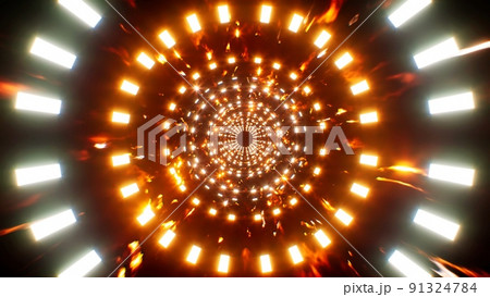 Blinking Circle Light Tunnel with Flying Fire Particles 91324784