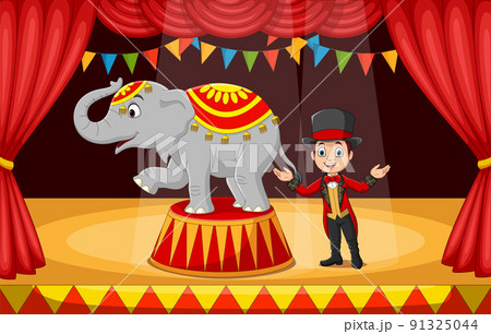 Cartoon circus tamer with elephant on stage Cartoon circus tamer with elephant on stage 91325044