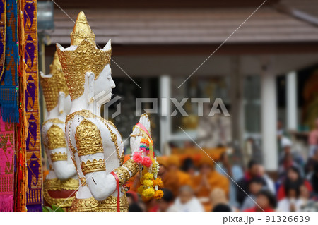 Great white Buddha statue with flag background. Great white Buddha statue with flag background. 91326639