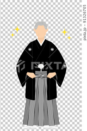 紋付袴のシニア男性 和服姿 腰に手を当ててポーズを取る キラキラ付き のイラスト素材