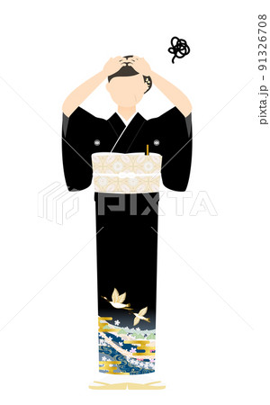 黒留袖のシニア女性(和服姿)、頭を抱えて悩む 黒留袖のシニア女性(和服姿)、頭を抱えて悩む 91326708