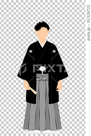 紋付袴の男性（和服姿）、扇子を持ってポーズを取る 91326722