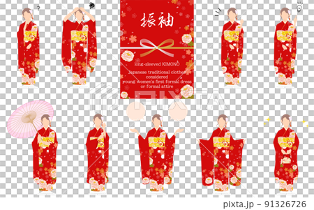 振袖の女性、和服姿のポーズセット、疑問・悩む・引き受ける・指さしetc 振袖の女性、和服姿のポーズセット、疑問・悩む・引き受ける・指さしetc 91326726