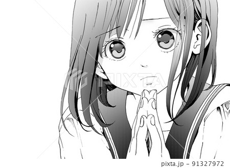 お願いポーズをする女学生_しょんぼり顔版のモノクロイラスト お願いポーズをする女学生_しょんぼり顔版のモノクロイラスト 91327972