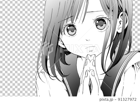 お願いポーズをする女学生_しょんぼり顔版のモノクロイラスト お願いポーズをする女学生_しょんぼり顔版のモノクロイラスト 91327972