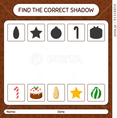 Find the correct shadows game with christmas icon. worksheet for preschool kids, kids activity sheet 91328859