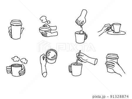 飲み物を持つ手元のセット 線画のみ 背景透過 コミカルな手書きの素材 ベクター 温かみのある線画のイラスト素材