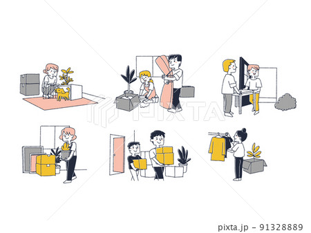 転居や新築で、新しい家に荷物を運び入れる人々 コミカルな手書きの人物 ベクター、温かみのある線画 転居や新築で、新しい家に荷物を運び入れる人々 コミカルな手書きの人物 ベクター、温かみのある線画 91328889