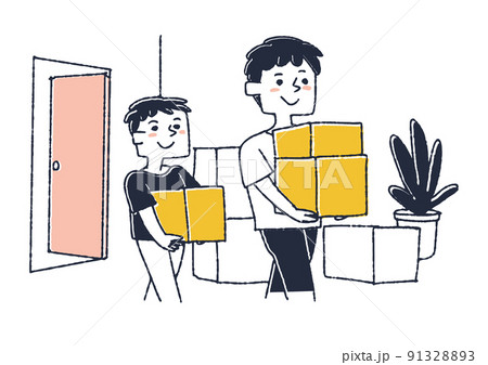 荷物を運ぶ親子 転居や新築で、新しい家に荷物を運び入れる人々 荷物を運ぶ親子 転居や新築で、新しい家に荷物を運び入れる人々 91328893