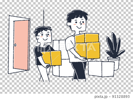 荷物を運ぶ親子 転居や新築で、新しい家に荷物を運び入れる人々 荷物を運ぶ親子 転居や新築で、新しい家に荷物を運び入れる人々 91328893