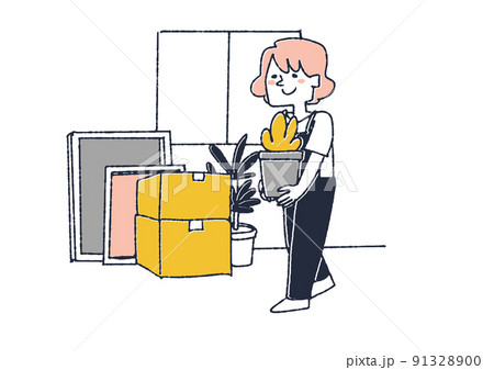 植木鉢を運ぶ女性　転居や新築で、新しい家に荷物を運び入れる人々 91328900