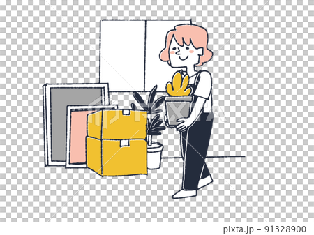 植木鉢を運ぶ女性　転居や新築で、新しい家に荷物を運び入れる人々 91328900