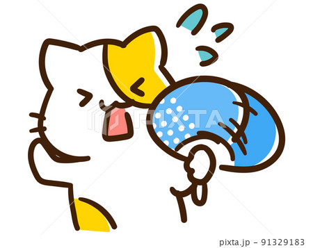暑くてうちわで仰ぐかわいいねこのデフォルメイラスト 91329183