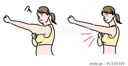 二の腕のお肉をつまんでいる若い女性のセット 91330385