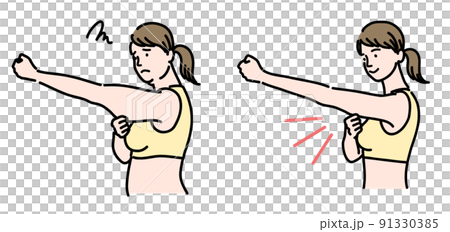 二の腕のお肉をつまんでいる若い女性のセット 91330385