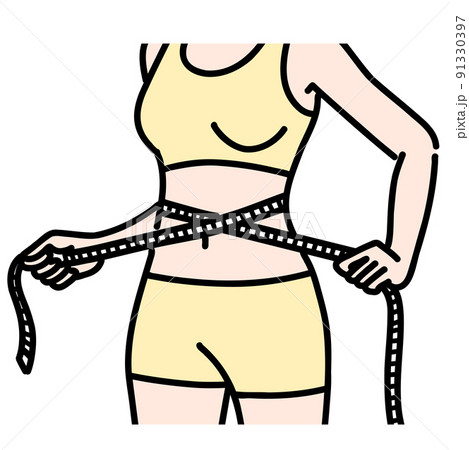 メジャーをお腹に当てているスタイルの良い若い女性の上半身 メジャーをお腹に当てているスタイルの良い若い女性の上半身 91330397