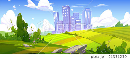 Summer scene with fields and city skyline 91331230