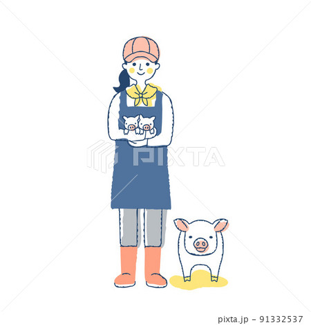 子豚を抱いている養豚農家の女性と豚 子豚を抱いている養豚農家の女性と豚 91332537