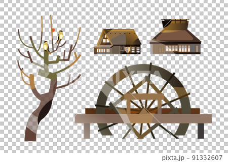 A beautiful mountain village with a Japanese old folk house, gassho-zukuri and a water wheel. 91332607