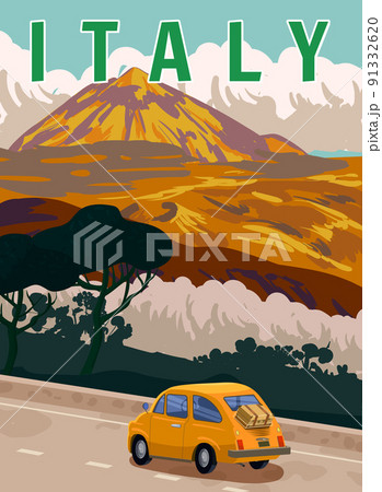 Retro Poster Italy. Road retro car, mediterranean romantic landscape, mountains. Retro travel poster 91332620