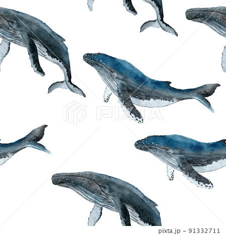 Hand drawn watercolor seamless pattern with blue whale. Sea ocean marine animal, nautical underwater endangered mammal species. Blue gray illustration for fabric nursery decor, under the sea prints. Hand drawn watercolor seamless pattern with blue whale. Sea ocean marine animal, nautical underwater endangered mammal species. Blue gray illustration for fabric nursery decor, under the sea prints. 91332711