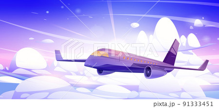 Plane fly in sky with white fluffy clouds and sun 91333451