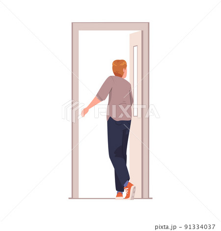 Man Character at Open Door Leaving Home Going Out Vector Illustration Man Character at Open Door Leaving Home Going Out Vector Illustration 91334037