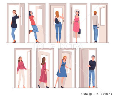 People Character at the Door Opening and Closing It Entering and Leaving Home Vector Illustration Set People Character at the Door Opening and Closing It Entering and Leaving Home Vector Illustration Set 91334073