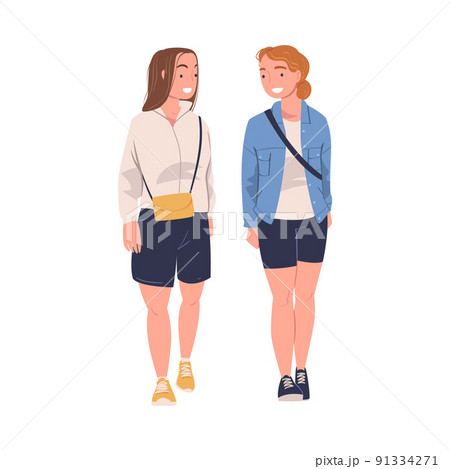 Walking Woman Character Strolling in the Street Talking and Smiling Vector Illustration 91334271
