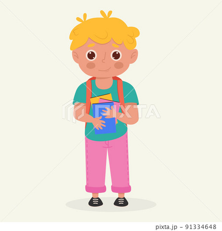School kid with school supplies. Kid with backpack and book. Colorful cartoon character. Flat vector illustration. School kid with school supplies. Kid with backpack and book. Colorful cartoon character. Flat vector illustration. 91334648