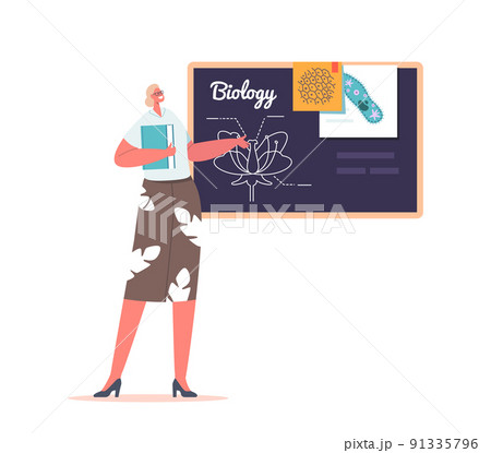 Teacher with Textbook Stand at Blackboard Teach Biology Lesson, Education Concept. Young Woman Wear Formal Dress 91335796
