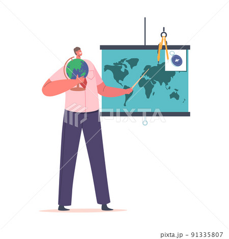 Education Concept. Teacher with Globe Stand at World Map Explain Geography Lesson to Students. Tutor Male Character 91335807