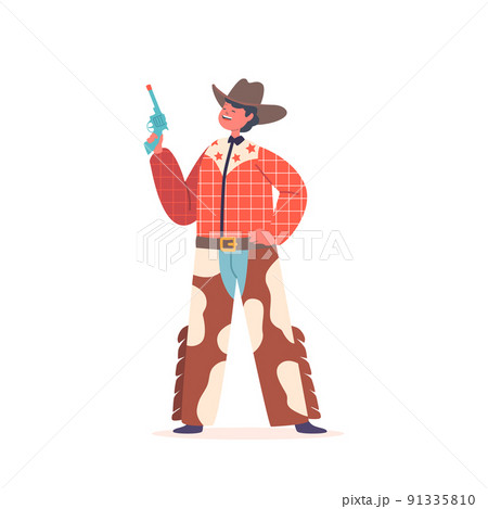Little Cowboy Kid Wear Traditional Wild West Costume Cow Skin Pants, Checked Shirt and Hat, Boy Western Personage Little Cowboy Kid Wear Traditional Wild West Costume Cow Skin Pants, Checked Shirt and Hat, Boy Western Personage 91335810
