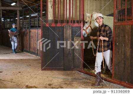 Asian female rancher leading white horse out of stall in stable 91336069